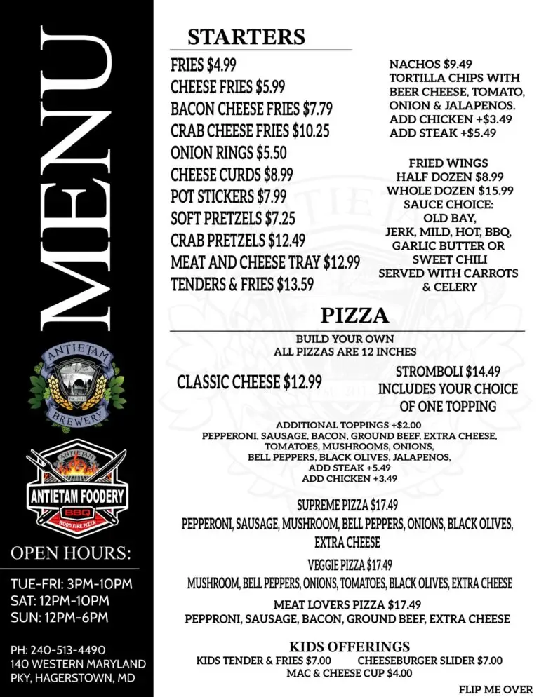 Antietam Brewery Menu - Front