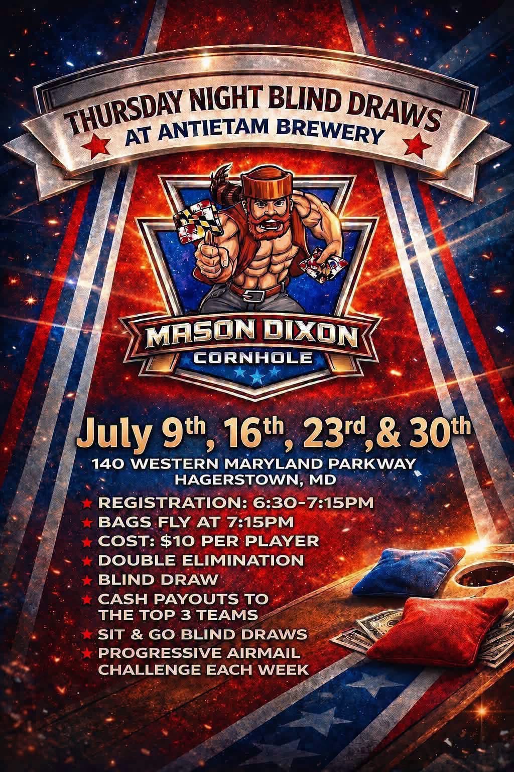 Mason Dixon Cornhole Thursday Night Blind Draws at Antietam Brewery — July flyer