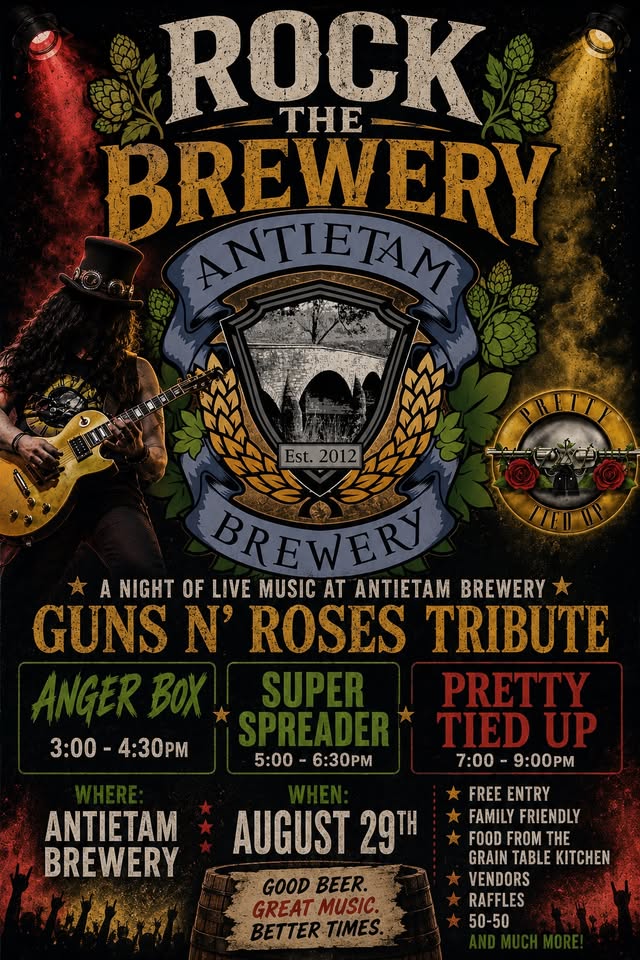 Rock The Brewery Concert at Antietam Brewery — three-band rock festival flyer
