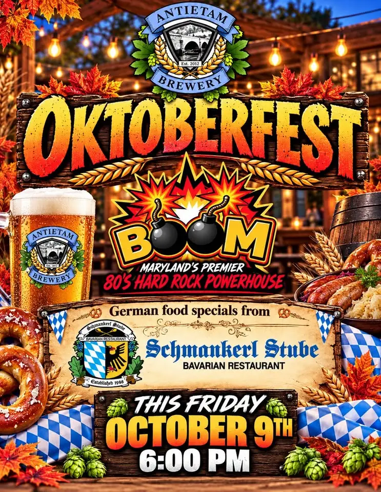 BOOM! flyer: the BOOM logo with cartoon bombs, billed as Maryland's Premier 80's Hard Rock Powerhouse, surrounded by beer, pretzels, sausages, and a banner for German food specials from Schmankerl Stube Bavarian Restaurant
