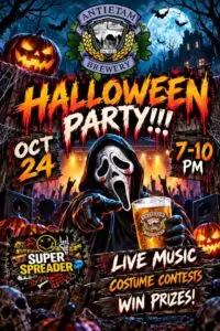 Halloween Party flyer: a hooded ghost-mask figure over a concert crowd, with dripping orange text reading Halloween Party, Oct 24, 7–10 PM