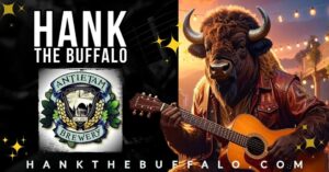 Hank The Buffalo flyer: an illustrated buffalo in a leather jacket playing acoustic guitar beside the Antietam Brewery logo and HANKTHEBUFFALO.COM