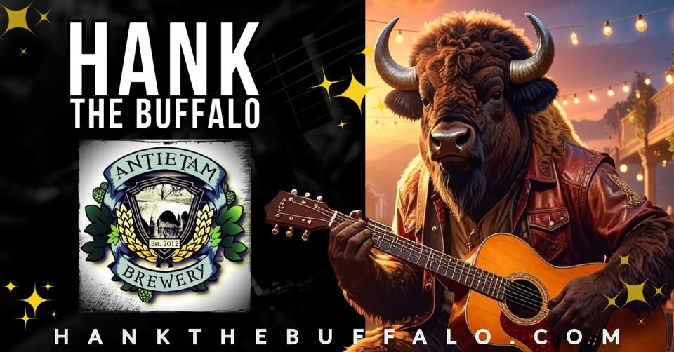 Hank The Buffalo flyer: an illustrated buffalo in a leather jacket playing acoustic guitar beside the Antietam Brewery logo and HANKTHEBUFFALO.COM